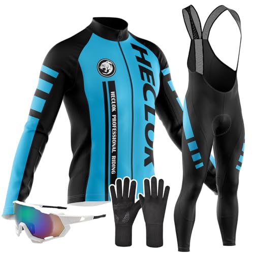 Herren Radtrikot Set Langarm Pro Radfahren Kleidung Reiten Quick Dry Jacke+Radfahren Lätzchen mit 9D Pad für Radfahren MTB Outdoor,Radtrikot Herren LangarmAnzüge Radtrikot Set (TYP-6,XL) von HECLOK