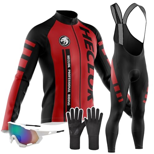 Herren Radtrikot Set Langarm Pro Radfahren Kleidung Reiten Quick Dry Jacke+Radfahren Lätzchen mit 9D Pad für Radfahren MTB Outdoor,Radtrikot Herren LangarmAnzüge Radtrikot Set (TYP-7,3XL) von HECLOK