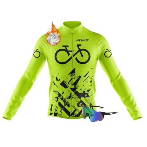 Herren Winter Thermo Fahrradtrikot Langarm-Fleece Laufshirt Rennrad Warm-Reflektoren- Winddicht Fahrrad Trikot T Shirt für Männer＋Polarisierte Fahrradsonnenbrille (5XL,TYP-10) von HECLOK