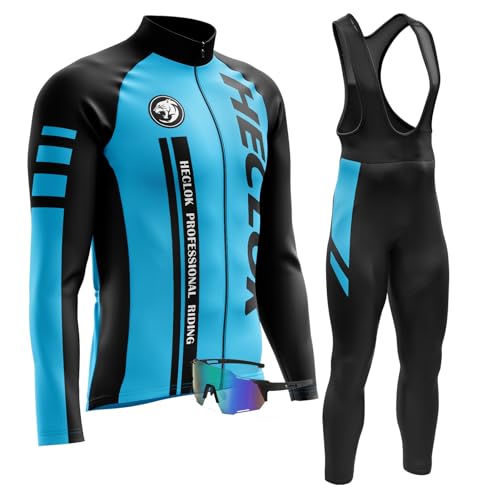 Radtrikot Herren Langarm Set,Fahrradtrikot Herren Herbst Atmungsaktive Cycling Jersey Schnell,Radsport-trägerhosen mit 9D Gepolsterten＋Winddichte Radfahrerbrille (3XL,TYP-6) von HECLOK