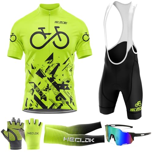 Radtrikot Set Herren Kurzarm Schnell Trocknend Atmungsaktiv Fahrradbekleidung＋Fahrradtrikot Trägerhose mit Sitzpolster 9D，für MTB Rennrad Fahrrad Jersey (TYP-12,L) von HECLOK