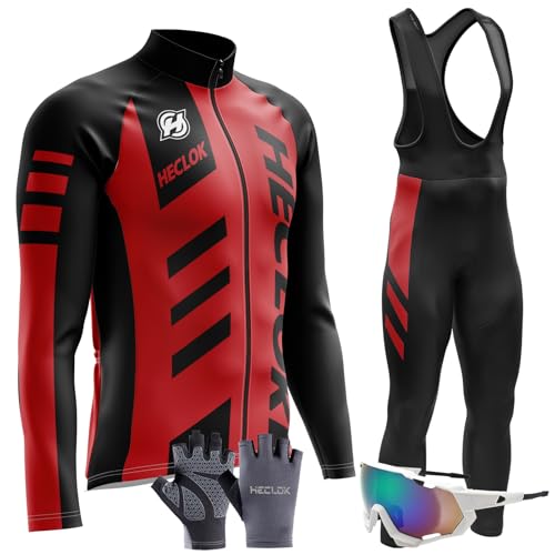 Radtrikot Set Herren Langarm Rennrad Trikot Rennrad Bekleidung MTB Fahrrad Anzug Trägerhose mit Gel Gepolstert Frühling Sommer Herbst Trikot Fahrradbekleidung Set (TYP-7,5XL) von HECLOK