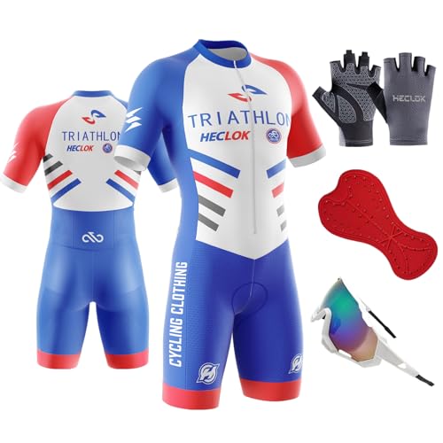 Triathlon Anzug Herren, Trisuit kurzarm, Herren Pro Fahrrad Skinsuit Kurzarm, Tri-Anzug mit Gämse, Trisuit Einteiler für Wettkampf, Training,Laufen, Schwimmen, Radfahren (TYP-1,M) von HECLOK