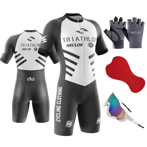 Triathlon Anzug Herren, Trisuit kurzarm, Herren Pro Fahrrad Skinsuit Kurzarm, Tri-Anzug mit Gämse, Trisuit Einteiler für Wettkampf, Training,Laufen, Schwimmen, Radfahren (TYP-6,L) von HECLOK