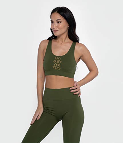 HECVS|#HEART and SOUL Damen Top Circle Leo-Green Bush Sport-BH mit breitem Rundhalsausschnitt vorne und gesprenkeltem Band aus goldenen Nieten, Damen, 0119014RL1989-M/L, grün, M/L HECVS|#HEART and SOUL Damen Top Circle Leo-Green Bush Sport-BH mit breitem Rundhalsausschnitt vorne und gesprenkeltem Band aus goldenen Nieten, Damen, 0119014RL1989-M/L, grün, M/L von HECVS|#HEART and SOUL