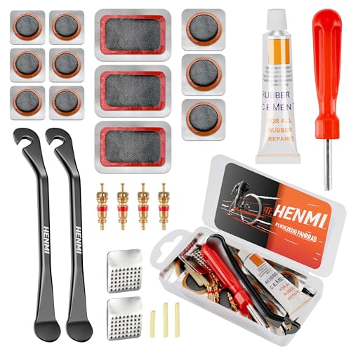 HENMI Flickzeug Fahrrad Reparaturset, Tragbar Fahrrad Flickzeug Set mit Reifenreparaturkleber, Patch, Metall Reifenheber, Fahrrad Ventileinsatz, Ventilschlüssel Kompatibel mit Allen Fahrradschläuchen HENMI Flickzeug Fahrrad Reparaturset, Tragbar Fahrrad Flickzeug Set mit Reifenreparaturkleber, Patch, Metall Reifenheber, Fahrrad Ventileinsatz, Ventilschlüssel Kompatibel mit Allen Fahrradschläuchen von HENMI