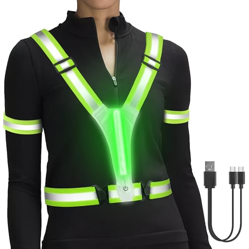 HENMI LED Wiederaufladbare USB Lauflicht,2er Reflektorbänder,Reflektoren Laufweste,Verstellbarer Elastische LED Leuchtweste für Radfahren oder Wandern Joggen Laufen Running-Grün HENMI LED Wiederaufladbare USB Lauflicht,2er Reflektorbänder,Reflektoren Laufweste,Verstellbarer Elastische LED Leuchtweste für Radfahren oder Wandern Joggen Laufen Running-Grün von HENMI