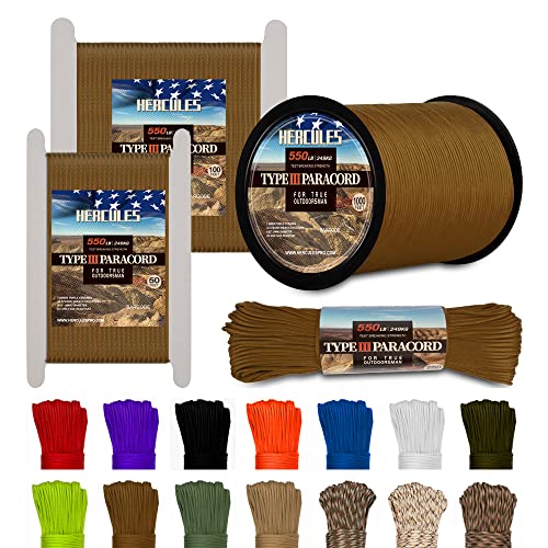 HERCULES Typ III Paracord 550 Paracord Seil Fallschirmschnur, 50' Coyote Brown Paracord für Campingseil, Überlebensseil von HERCULES