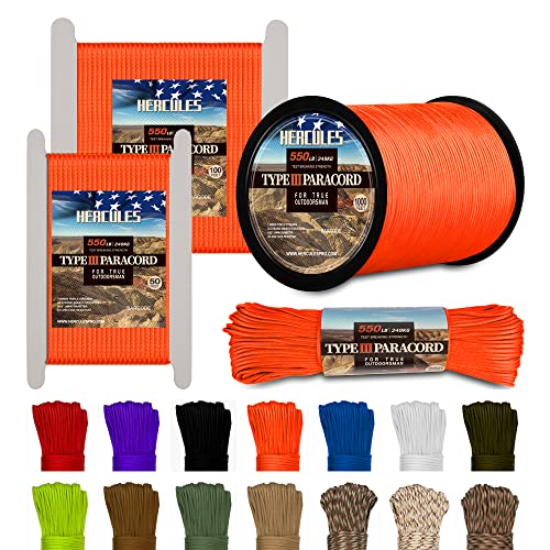 HERCULES Typ III Paracord 550 Paracord Seil Fallschirmschnur, 50' Neon Orange Paracord für Campingseil, Überlebensseil von HERCULES