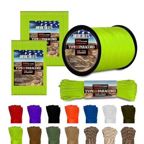 HERCULES Typ III Paracord 550 Paracord Seil Fallschirmschnur, 50' Neongrünes Paracord für Campingseil, Überlebensseil HERCULES Typ III Paracord 550 Paracord Seil Fallschirmschnur, 50' Neongrünes Paracord für Campingseil, Überlebensseil von HERCULES