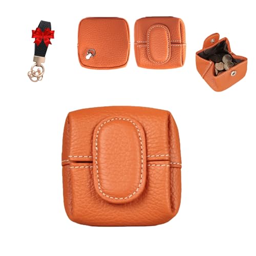 Einfarbiges Mini-Münzportemonnaie für Damen, modisches Mini-Portemonnaie aus echtem Leder, Mini-Geldbörse, Schmuckschatulle für Frauen (Orange,XS) von HESYSUAN