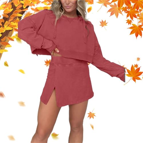 HESYSUAN 2024 New Lounge Washed Hoodie Skort Set, Herbst Zweiteiliges Lounge-Set für Damen, langärmelig, Mini-Sweatrock-Set, 2-teiliges Outfit (Rot, XL) von HESYSUAN