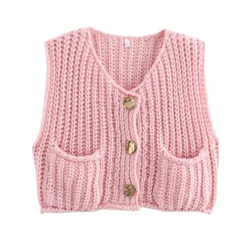 HESYSUAN Ärmellose Damen-Strickjacke, Grobstrick, rote Strickjacke, Knopfleiste, Cardigans für Damen, UK Y2k, Knopfpullover, Strickjacke (Rosa, M) von HESYSUAN