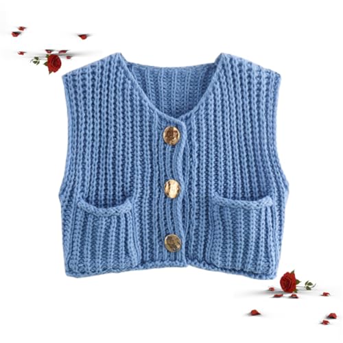 HESYSUAN Ärmelloser Strickpullover für Damen, V-Ausschnitt, lässig, bauchfrei, Knopfleiste, vorne offen, Tanktop mit Taschen (Hellblau, Größe L) von HESYSUAN