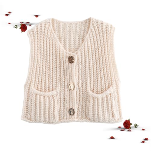 HESYSUAN Ärmelloser Strickpullover für Damen, V-Ausschnitt, lässig, bauchfrei, Knopfleiste, vorne offen, Tanktop mit Taschen (weiß, Größe L) von HESYSUAN