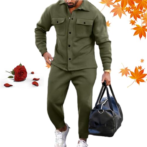 HESYSUAN Athleisure 2-teiliges Wildleder-Set für Herren, langärmelig, Button-Down-Shirt, Jacke und Jogginghose, lockerer Anzug, leger, lockerer Abschleppanzug, Grün, Größe XL von HESYSUAN