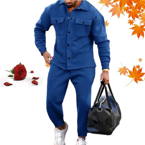 HESYSUAN Athleisure 2-teiliges Wildleder-Set für Herren, langärmelig, Button-Down-Shirt, Jacke und Jogginghose, lockerer Anzug (Blau, Größe 2XL) von HESYSUAN