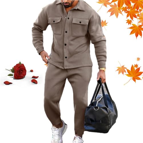 HESYSUAN Athleisure 2-teiliges Wildleder-Set für Herren, langärmelig, Button-Down-Shirt, Jacke und Jogginghose, lockerer Anzug (Khaki, L) von HESYSUAN