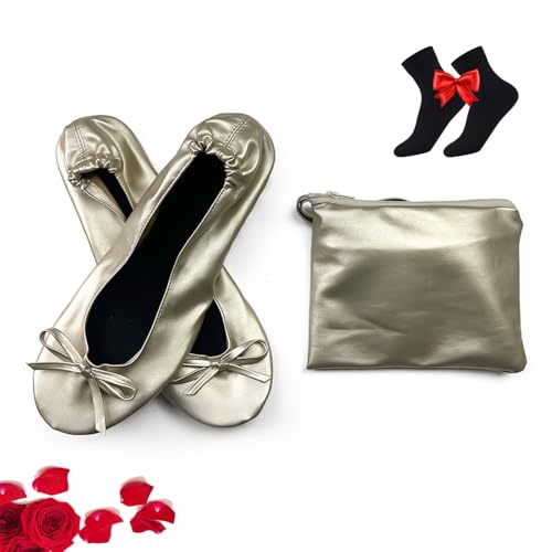 HESYSUAN Ballerinas für Damen, Klappschuhe, tragbare Ballerinas, aufrollbare Schuhe, faltbare Schuhe für Handtasche für Hochzeiten/Partys (Gold A, 36./) von HESYSUAN