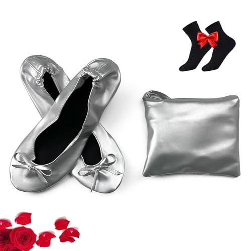 HESYSUAN Ballerinas für Damen, Klappschuhe, tragbare Ballerinas, aufrollbare Schuhe, faltbare Schuhe für Handtasche für Hochzeiten/Partys (Silber, 38./) von HESYSUAN