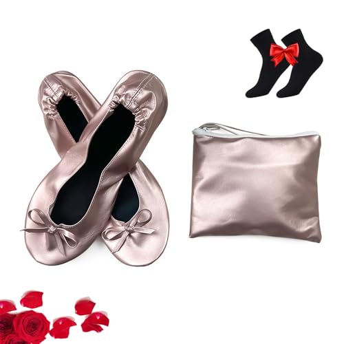 HESYSUAN Ballerinas für Damen, Klappschuhe, tragbare Ballerinas, aufrollbare Schuhe, faltbare Schuhe für Handtasche für Hochzeiten/Partys (rosa A, 43./) von HESYSUAN