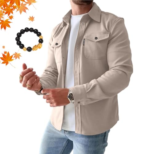 HESYSUAN Button-Down-Hemdjacke für Herren, leicht, mit Pattentaschen, lässiger Button-Down-Mantel (Beige, XL) von HESYSUAN