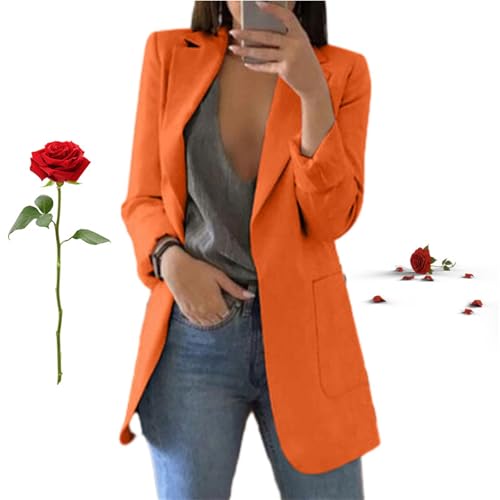 HESYSUAN Damen Herbst und Winter Mode Revers Slim Cardigan Temperament Anzugjacke Elegant Casual Business Open Front Solid Blazer (Orange, S) von HESYSUAN