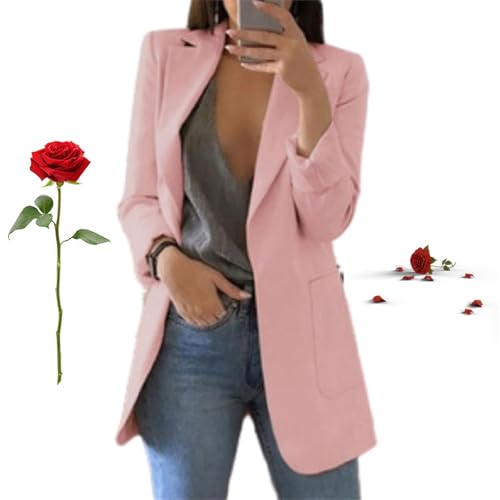 HESYSUAN Damen Herbst und Winter Mode Revers Slim Cardigan Temperament Anzugjacke Elegant Casual Business Open Front Solid Blazer (Rosa, 2XL) von HESYSUAN