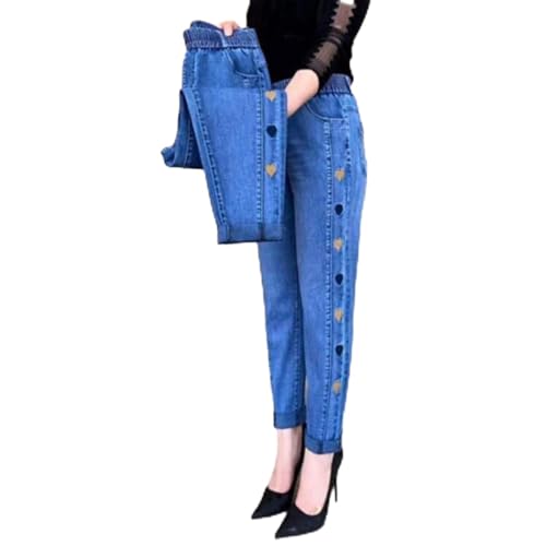 HESYSUAN Damen Jeans mit hoher Elastizität, Herzmuster, bestickt, mittelalterliche Stretch-Jeans, Damen, Frühjahr/Sommer, bestickte Jeans, blau, XXXX-Large von HESYSUAN
