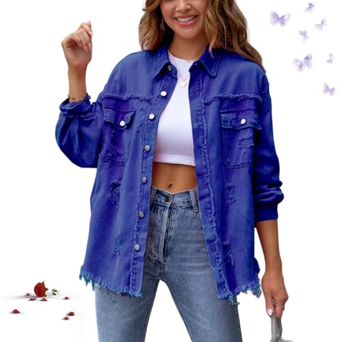 HESYSUAN Damen-Jeansjacke, übergroß, zerrissene Jeansjacke, lange Ärmel, Revers, zerrissenes Jeanshemd, Lochgewaschen, Knopfleiste, Denim, kurze Jacke (Blau, S) von HESYSUAN