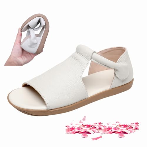 HESYSUAN Damen-Sandalen mit offenem Zehenbereich, Sommer, weich, bequem, echtes Leder, flache Sandalen, Sommer, offene Zehen, rutschfest, Weiß, Größe 38 EU von HESYSUAN