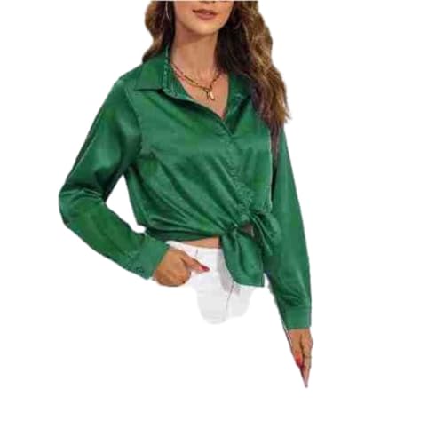 HESYSUAN Damen-Satin-Bluse, langärmelig, Seide, Knopfleiste, lässig, locker, V-Ausschnitt, Büro, Arbeit, einfarbig, Business-Tunika, Tops (grün, XL) von HESYSUAN