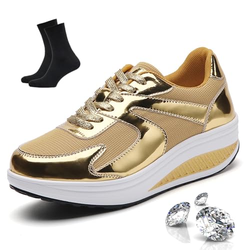 HESYSUAN Damen-Sneaker mit Pailletten, Netzstoff, Schnürung, Plateau, weiche Wanderschuhe, atmungsaktiv, knöchelfrei, blinkend, Rocker-Sneaker (Gold, 41 EU) von HESYSUAN