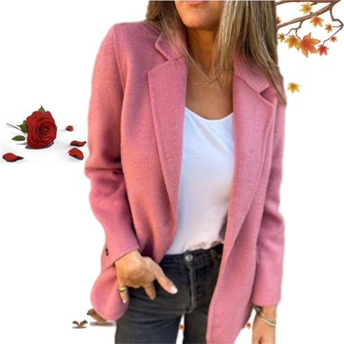 HESYSUAN Damenjacke mit Revers, langärmelig, lässig, für Herbst und Winter, lässig, einfarbig, Einzelknopf, Business-Anzüge, schmale Passform, falsche Tasche, Blazer (Rosa, L) von HESYSUAN