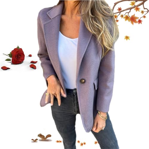 HESYSUAN Damenjacke mit Revers, langärmelig, lässig, für Herbst und Winter, lässig, einfarbig, Einzelknopf, Business-Anzüge, schmale Passform, falsche Tasche, Blazer (lila, Größe 2XL) von HESYSUAN