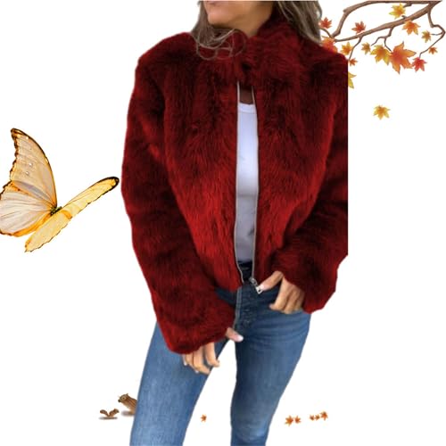 HESYSUAN Damenjacke mit hohem Kragen, Pelz, Reißverschluss, lässig, für Herbst und Winter, warm, langärmelig, Kunstpelzjacke für Abendkleider (rot, Größe S) von HESYSUAN