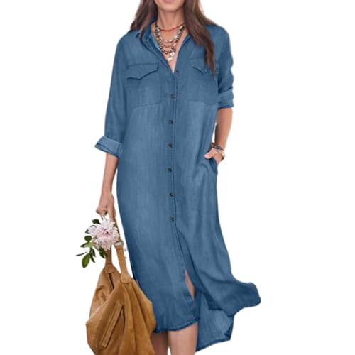 HESYSUAN Denim-Hemdkleider für Damen, Übergröße, Denim-Hemdkleid, langärmelig, Used-Look, Jeanskleid, lässiges Denim-Hemd-Ausschnitt-Kleid mit Taschen, blau, XXX-Large von HESYSUAN