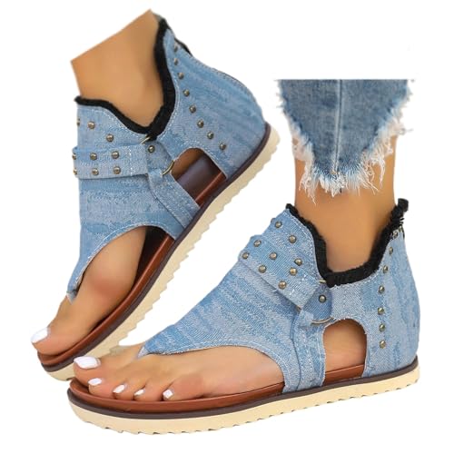 HESYSUAN Denim-Sandalen mit Reißverschluss hinten, Sommer, Retro, Strand, flache Schuhe für Damen, Sommer, Clip-Toe, flache Sandalen, Reißverschluss hinten, Strandsandalen (Denim, 40 EU) von HESYSUAN