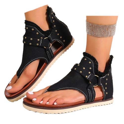 HESYSUAN Denim-Sandalen mit Reißverschluss hinten, Sommer, Retro, Strand, flache Schuhe für Damen, Sommer, Clip-Toe, flache Sandalen, Reißverschluss hinten, Strandsandalen (Schwarz, 42 EU) von HESYSUAN