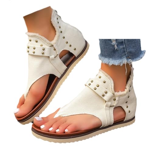 HESYSUAN Denim-Sandalen mit Reißverschluss hinten, Sommer, Retro, Strand, flache Schuhe für Damen, Sommer, Clip-Toe, flache Sandalen, Reißverschluss hinten, Strandsandalen (Weiß, 42 EU) von HESYSUAN