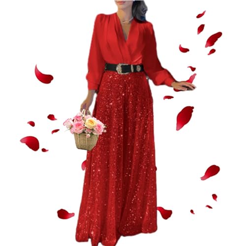 HESYSUAN Elegante Langarm-Bluse mit V-Ausschnitt und breiten Pailletten, Overall, Hose, elegante Hosenanzüge für Damen, Abend-Party-Outfits (Rot, Größe S) von HESYSUAN