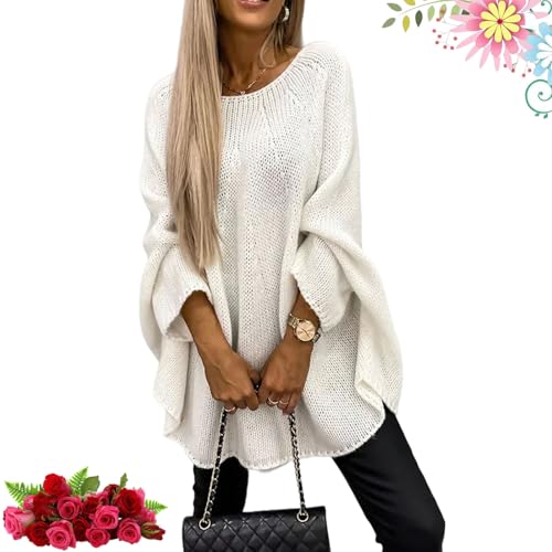 HESYSUAN Eleganter Strick-Cape für Damen, Rundhalsausschnitt, Poncho, lockerer Pullover, Herbst, lässig, Fledermausärmel, Pullover (Beige, XL) von HESYSUAN