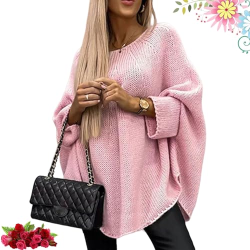 HESYSUAN Eleganter Strick-Cape für Damen, Rundhalsausschnitt, Poncho, lockerer Pullover, Herbst, lässig, Fledermausärmel, Pullover (Rosa, Größe M) von HESYSUAN