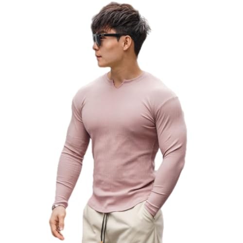 HESYSUAN Eng anliegendes Baumwollhemd für Herren, V-Ausschnitt, langärmelig, Muskel, athletisch, Workout-T-Shirt, Muskel-Fit-T-Shirt, Fitnessstudio, Pullover, schnell trocknendes T-Shirt (Rosa, XXL) von HESYSUAN