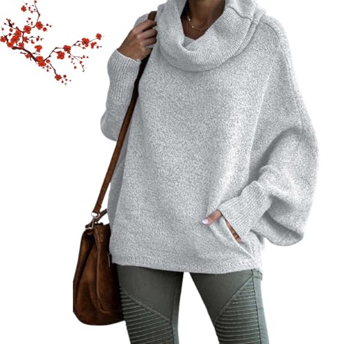 HESYSUAN Foreseew Pullover für Damen, Wasserfallkragen, Pullover mit Taschen, solider Rollkragenpullover, warmer Wasserfallkragen, Oberteil für Damen (Hellgrau, XXL) von HESYSUAN