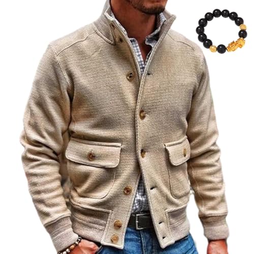 HESYSUAN Gestrickte isolierte Freizeitjacke, Herrenjacke, Stehkragen, warme Herbst-Winter-Strickwaren, V-Ausschnitt, Button-Down-Jacke mit Tasche (Beige, XXL) von HESYSUAN