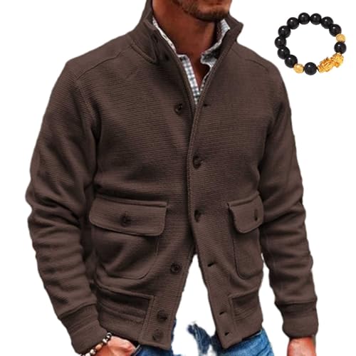 HESYSUAN Gestrickte isolierte Freizeitjacke, Herrenjacke, Stehkragen, warme Herbst-Winter-Strickwaren, V-Ausschnitt, Button-Down-Jacke mit Tasche (Braun, S) von HESYSUAN