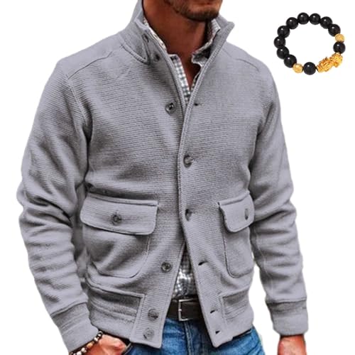 HESYSUAN Gestrickte isolierte Freizeitjacke, Herrenjacke, Stehkragen, warme Herbst-Winter-Strickwaren, V-Ausschnitt, Button-Down-Jacke mit Tasche (Grau, XL) von HESYSUAN