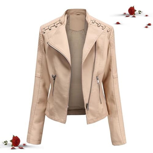 HESYSUAN Gewaschene Lederjacke, kurze Lederjacke mit Reißverschluss, Motorrad-Bikerjacke, kurz, schmale Passform, lässiger Ledermantel mit Reißverschluss (Khaki, S) von HESYSUAN