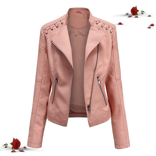 HESYSUAN Gewaschene Lederjacke, kurze Lederjacke mit Reißverschluss, Motorrad-Bikerjacke, kurz, schmale Passform, lässiger Ledermantel mit Reißverschluss (Rosa, Größe 2XL) von HESYSUAN